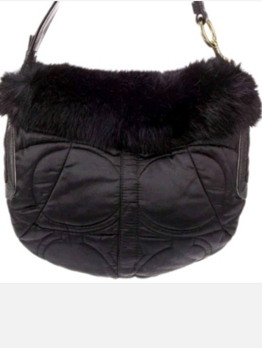 Coach Black Quilted Plushy Hobo Habdbag with Rabbit Furry Trim And Hangtag